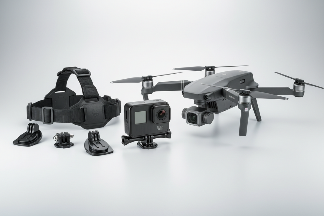 Action cameras and drones collection featuring DJI and GoPro equipment