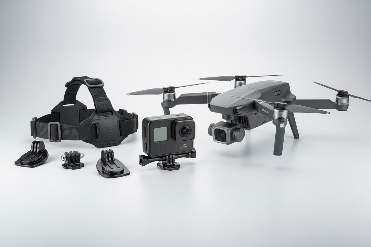 Action cameras and drones collection featuring DJI and GoPro equipment