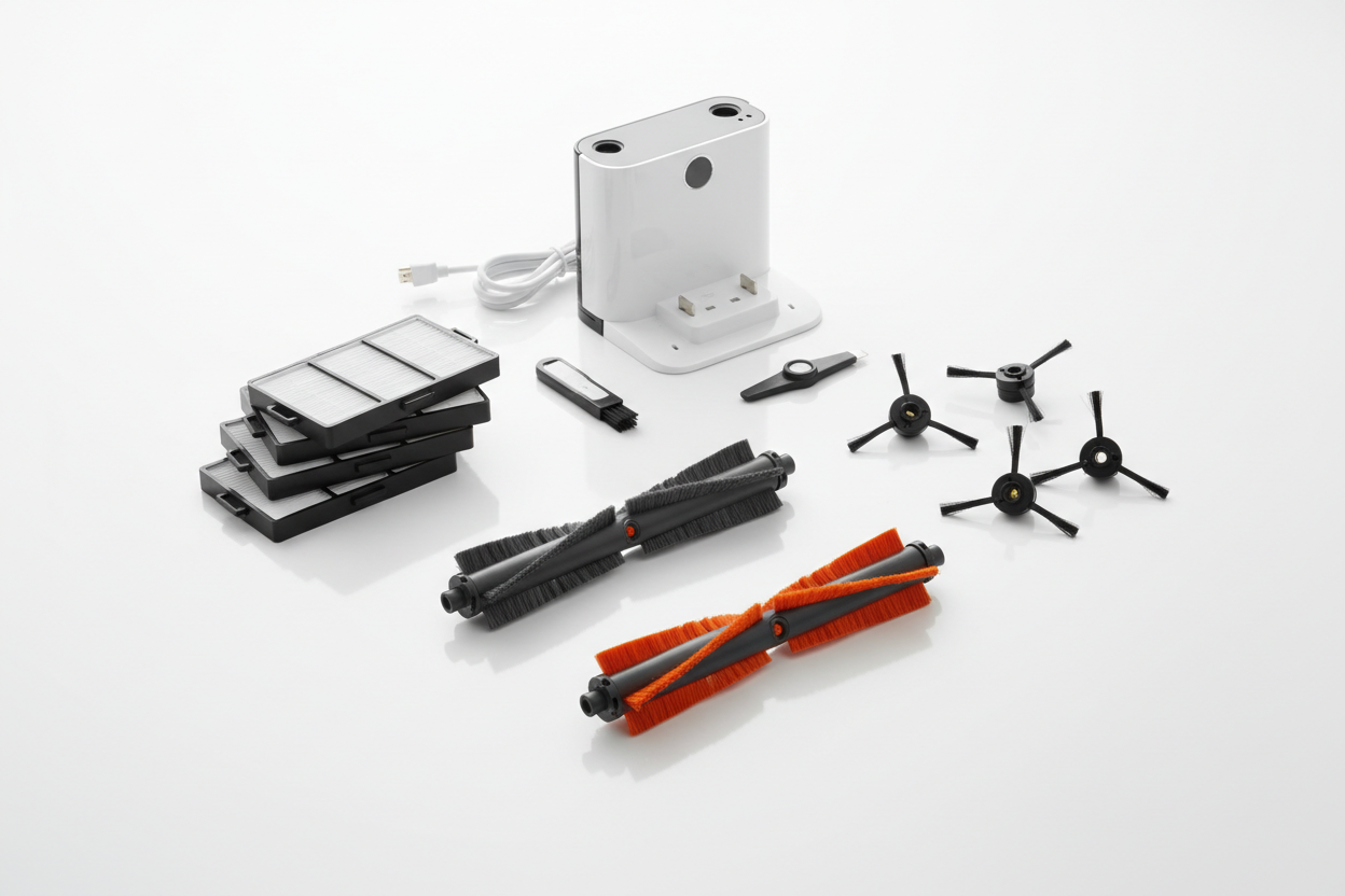 Robot vacuum parts and accessories including filters, brushes, and replacement components