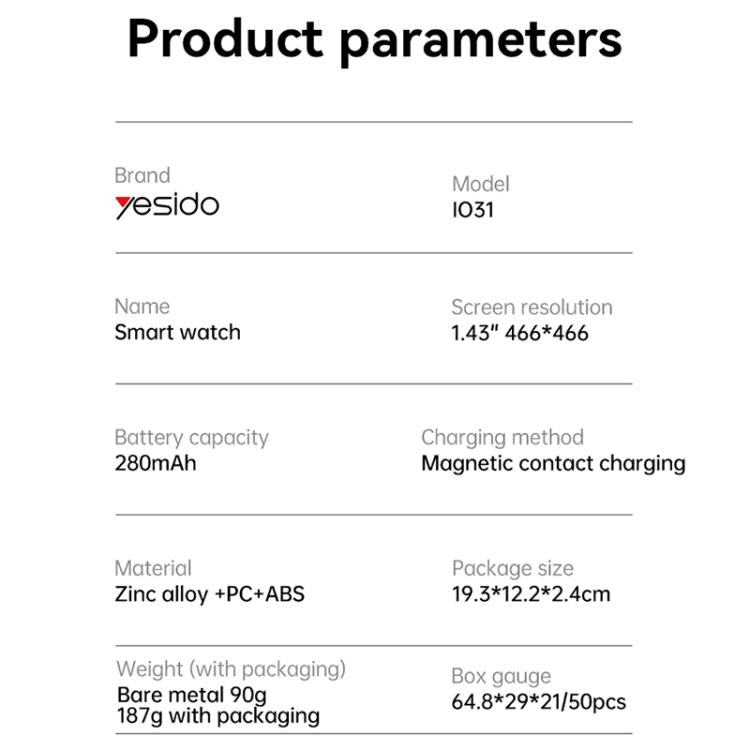 ساعة Yesido IO31 الذكية بشاشة AMOLED مقاس 1.43 بوصة تدعم مكالمات البلوتوث / قياس معدل ضربات القلب، IO31