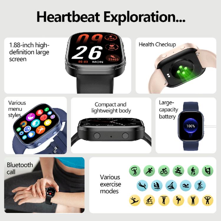 1.88 inch HD TFT Screen Smart Watch, Support Health Monitoring.