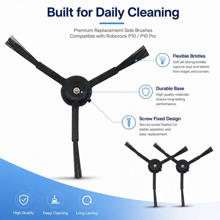 Replacement Accessories for Roborock P10 / P10 Pro Robot Vacuum Cleaner, Two Black Side Brush, Dual Filter for P10, White Five Arm Side Brush, Black Five Arm Side Brush, Light Gray Mop Pad, Blue Striped Mop Pad – White Five Arm Side Brush | PartsWorld