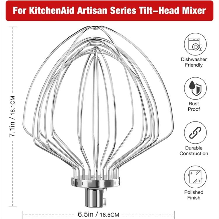 Compatible 11-Wire Stainless Steel Whisk Attachment for KitchenAid 7 Quart Bowl-Lift Mixer