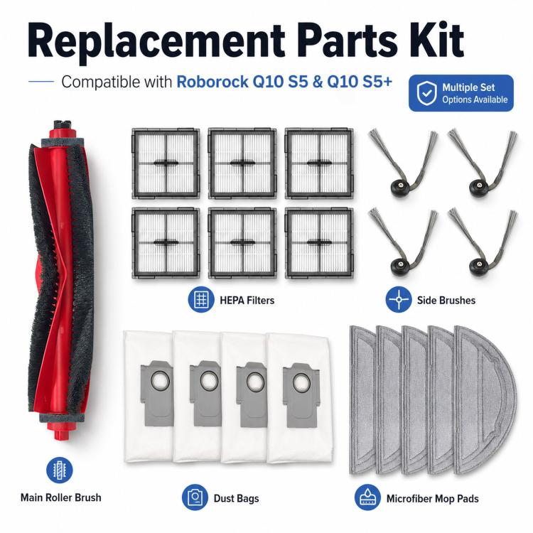 Replacement Parts Kit for Roborock Q10 S5 & Q10 S5+ – Main Brush, Side Brush, HEPA Filter, Mop Pad & Dust Bag | PartsWorld