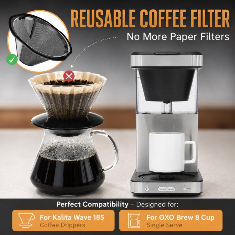 Compatible Reusable Coffee Filter with Kalita Wave 185 Coffee Drippers and OXO Brew 8-Cup Single Serve
