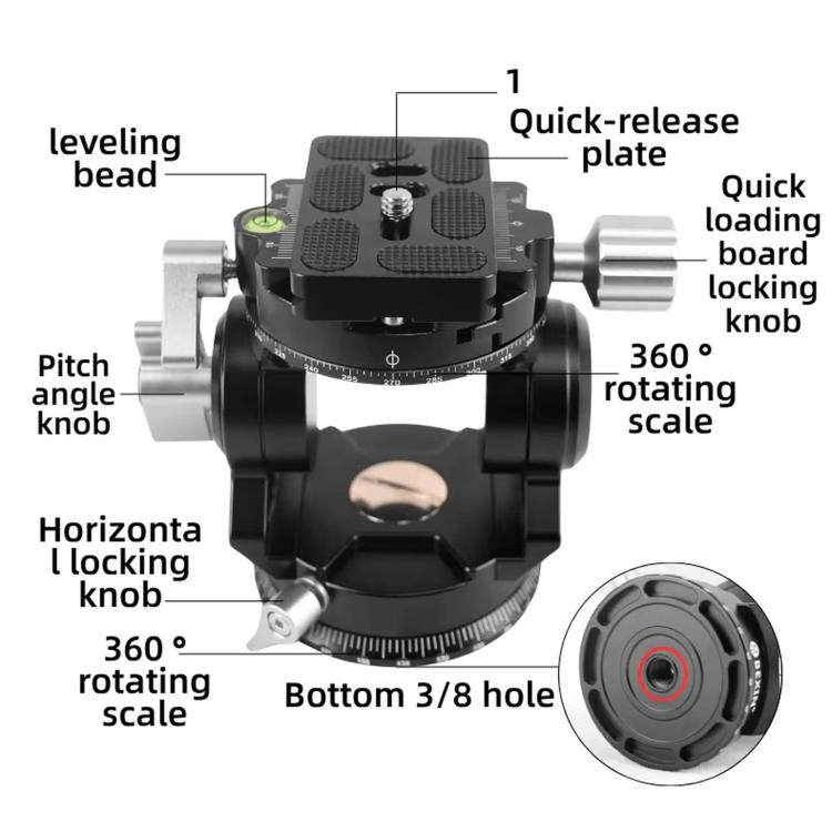 Hydraulic Damping Video Head with Auto-Rebound for Telephoto DSLRs Tripods Live Streaming