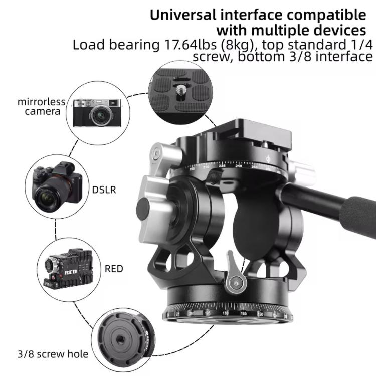 Hydraulic Damping Video Head with Auto-Rebound for Telephoto DSLRs Tripods Live Streaming